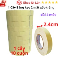 Băng keo 2 mặt xốp trắng rộng 2.4cm dài 4 mét mỗi cuộn lõi giấy 3mm - 1 cây có 10 cuộn - Tân An An