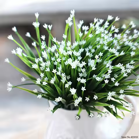 7-Fork Plastic Artificial Flowers Green Artificial Grass Plants Home Office Desk Decorative Leaves P