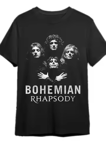 Summer Men's Black Short Sleeve T-shirt with Bohemian Rhapsody Band Portrait Print Casual Round Neck