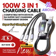100W Kabel 3 IN 1 Super Fast Charging 6A Data Cable Transparent USB to Type C Extra Thick Cable Micr
