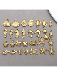 2pcs Stainless Steel Sea Animal Charm Golden 0cean Starfish Shell Dolphin Charm Summer Beach Metal P