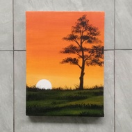 Lukisan Kanvas Canvas Hiasan Pajangan Dekorasi Dinding Pemandangan Ruang Tamu Kamar Rumah Minimalis Aesthetic Handmade Asli Hasil Tangan Motif Senja Merah Ukuran 30x40cm