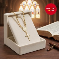 Unisex Antique Coin Rosary Necklace with Saint Benedict Pendant Gold Cross Bead Chain