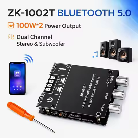 ZK-1002T Bluetooth Amplifier, HIFI 2.0 Channel, 100W x 2 Audio Module, Stereo & Subwoofer, Treble & 