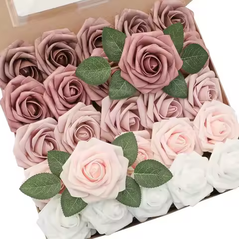 Artificial Flowers 25pcs Real Looking Dusty Rose Ombre Colors Foam Fake Roses with Stems for DIY Wed