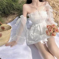 【 Miss Fashion 】 Super Immortal White One Line Neck, Bra A Line High Waist Princess Short Dress, Pure Desire, Beautiful Back, Slimming Dress+Mesh Cuffles ♧