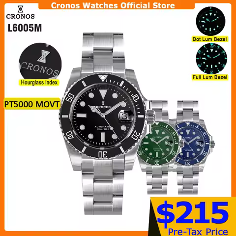 Cronos Sub Diver Men Watch Stainless Steel PT5000 Bracelet Ceramic Bezel 200 Meters Water Resistant 