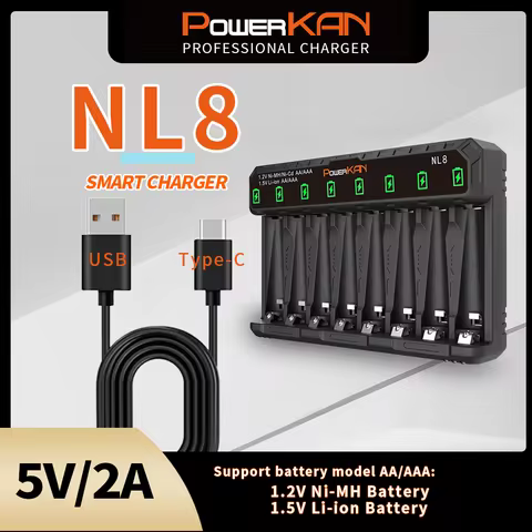 POWERKAN NL8 Battery Charger LED Standalone for 8 1.2V Ni-MH/Cd and 1.5V Li-ionAA AAA Rechargeable B