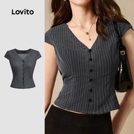 Lovito Casual Blouse Button Padded Side Stripe Good Texture Spring/summer Grey Blouse for Women L138