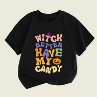 Halloween Letter Graphic Print Kids T-Shirt Funny Cartoon Casual Short Sleeve Spooky Costume Outfit
