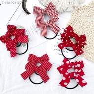 ☜☈ 2PCS Set Red Plaid Dot Striped Bow Elastic Hair Band For Girl Kids Cute Kawaii Cloth Lolita Rubber Ponytail Ties Accessories