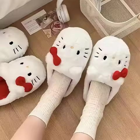 Kawaii Plush Slippers Hello Kittys Cute Student Autumn Winter Bedroom Soft Padded Plush Bedroom Aldu