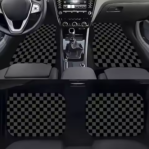 4pcs Black Checkered Car Floor Mats - Durable Polyester, Front & Rear Protection For Most Vehicles, 