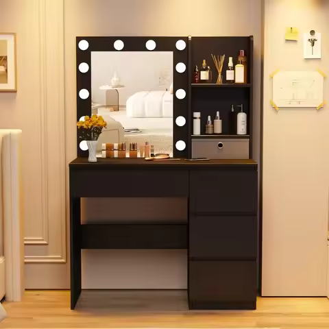 Dressing Table, Makeup Vanity with Lights, 37inch Vanity Desk, 4 Large Drawers Dresser with Lighted 