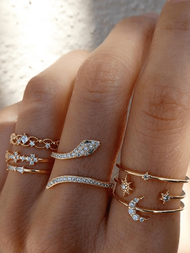 7 piezas/set Set de anillo estilo bohemio incluido con estrella , luna , piedra preciosa con en forma de serpiente anillos