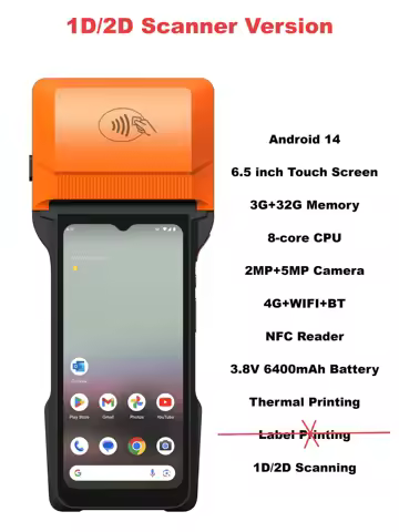 6.5 inch Android 14 Mobile POS 3G+32G Memory, 25-80mm Label & Thermal Printer, 2D Scanner Loyverse S