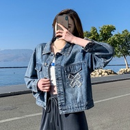 HL7 HEY+JEANS Retro Denim Jacket Women Spring New Style Heavy Craft Beaded Fashion Loose Denim Jacke