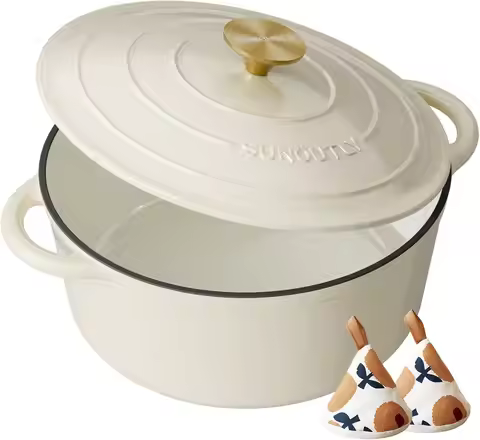 6QT Enameled Cast Iron Dutch Oven with Lid & Potholders - Heavy-Duty Cookware for Braising, Stews, R