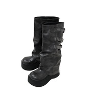 รองเท้าบู๊ตส้นสูงหนังแท้ดำ Mooreyu สำหรับผู้หญิง ฤดูใบไม้ร่วง/ฤดูหนาว รองเท้าบู๊ตหุ้มข้อส้นหนา รองเท