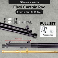 Flexi Extendable Curtain Rod 4, 6, 8, 10, 12, 14 feet Secure Sturdy Longevity-Use Complete FULL Set