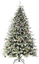 Premium Snow Flocked Christmas Tree,6.8ft Artificial Christmas Pine Tree With Foldable Metal Stand &amp; Pine Cones Red Berries Indoor Outdoor-green 6.8ft