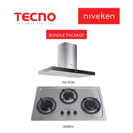 (HOOD + HOB) Tecno ISA 9238 / ISA9238 Island Hood with Black front Panel + Tecno SR 98SV / SR98SV (90cm) 3-Burner Stainless Steel Cooker Hob