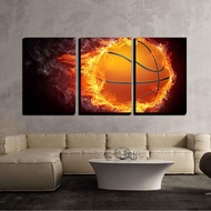 3 Piece Canvas Wall Art Basketball Ball on Fire D Graphics Computer Design Modern Home Art Stretched