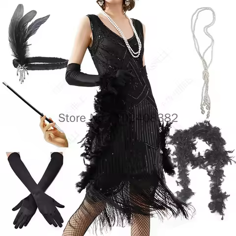 Women's 1920s Vintage Sequin Full Fringed Deco Inspired Flapper Dress Roaring 20s Great Gatsby Dress