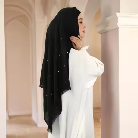 Soild Remove Edge Cotton bamboo Scarf with Pearls Muslim Hijab Long Shawl Elegant Pearl Headscarf So