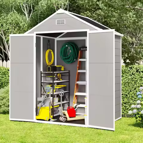 Outdoor Storage Shed 6x5 FT, Resin Shed with Floor & Window, Lockable Door, Vents, Outside Sheds & G