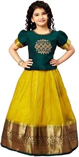 Kids, Yellow Art Silk Jecquard South Indian Style Pavdai Pattu Lehenga Choli for Kids, From 2-14 Years