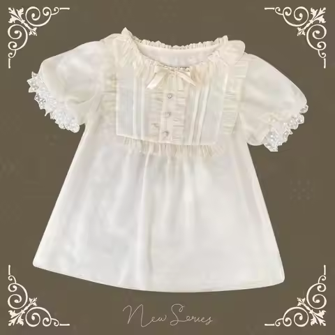 Sweet Lolita Ruffle Blouse Ivory Puff Sleeve Lace Cuff Bow Front Shimmer Chiffon Short Sleeve Inner 