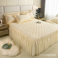 Fluffy Bed Sheet with Skirting Skin-friendly Brushed Cotton Bed Cover Solid Color Quilted Mattress P