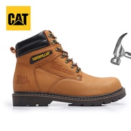 Caterpillar วินเทจสูงรองเท้าบู๊ตหนังหัวเหล็กป้องกันการทุบรองเท้าความปลอดภัย CAT เดินป่ากลางแจ้งรองเท