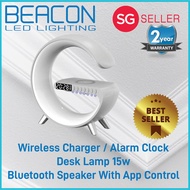 BEACON LED WHITE Desk Lamp 15w / Wireless Charger / Alarm Clock / Atmosphere RGB Light / Bluetooth Speaker with app