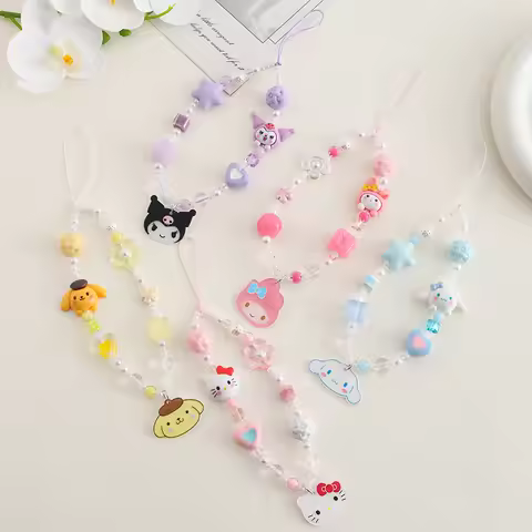 iigen Cute Sanrio Melody Hello Kitty Kuromi Cinnamorol Acrylic Keychain Hand Chain Phone Strap Acces
