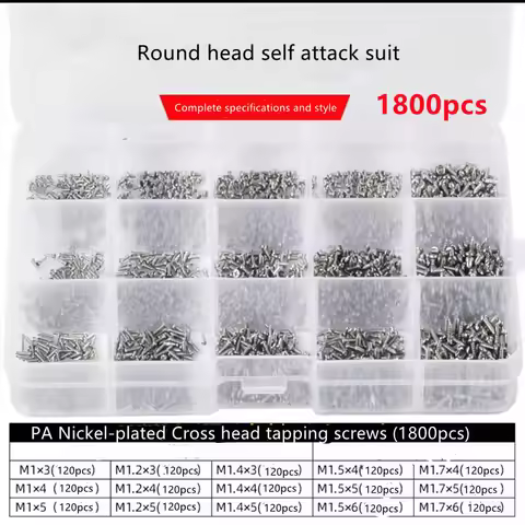 450/1100/1800Pcs M1 M1.5 M1.7 M2 M2.3 M2.6 M3 Nickel Plating Mini Micro Cross Round Pan Head Head Ta