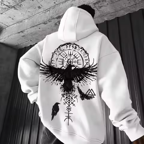 Men's Viking Totem Printed Hooded Sweatshirt Y2K Cotton Loose Eagle Sport functional Fashionable Pat