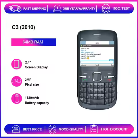 Unlocked Refurbished C3 (2010) C3-00 2MP 2G QWERTY Keyboard 1320mAh Phone Russian Arabic Hebrew Keyb