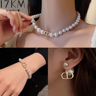 17KM Pearl Necklace Bracelet Letter Earrings for Women Elegant Gold Choker Stud Earring Set Jewelry Accessories