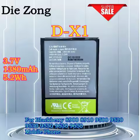 New for Blackberry 8900 8910 9500 9520 9530 9550 9630 9650 Mobile Phone 3.7V 5.2Wh 1380mAh D-X1 Batt