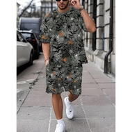 Men Halloween Theme Gray Bottom Suit Short-Sleeved Shorts Two-Piece Set Spider Bat Cob Web Full Prin