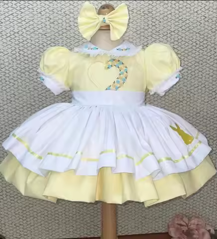 0-12Y Baby Girl Summer Yellow Handmade Rose Rabbit Embroidery Dress for Birthday Photography Baptism
