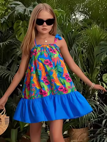 Trendy Girls Tropical Leaf Dress 1 Piece Blue Bow Knot Strap Ruffle Hem Casual Beach Dress