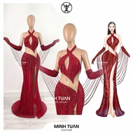 Váy dạ hội đỏ lấp lánh cổ treo khoét bụng siêu eo