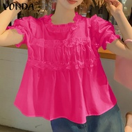 VONDA เสื้อสตรีทแวร์แบบสวมหัวมีระบายทรงหลวมสำหรับเสื้อเชิ้ตเสื้อคอกลมสไตล์ผู้หญิง (ลายดอกไม้เกาหลี)