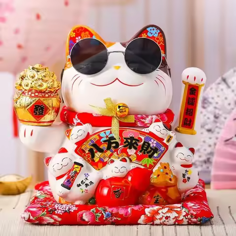 7 Inch Lucky Cat Decoration Feng Shui Fortune Cat Ceramic Electric Wave Hand Treasure Shop Gift Good