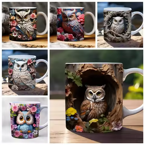 3D creative owl ceramic mug, retro creative coffee water cup, milk breakfast cup