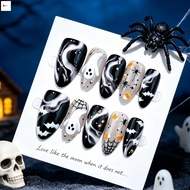 Halloween 3D Ghost Almond Nails - Dark Spider Web Gilt Manicure