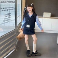 Girls Clothing Autumn Striped Shirt Fake Two-Piece+Skirt Two-Piece Suit
